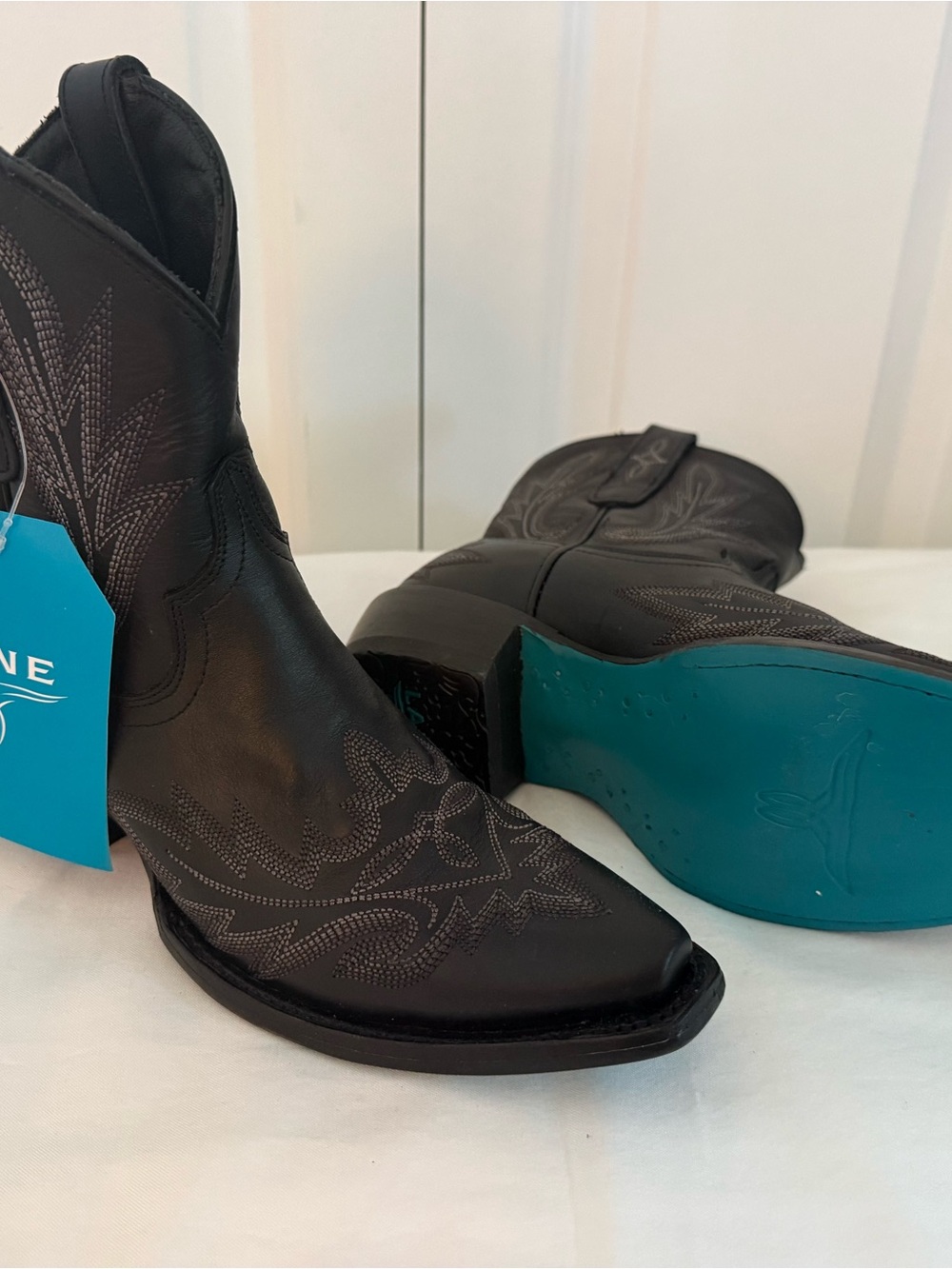 LANE Classic Black Western Ankle Boots with Teal Sole